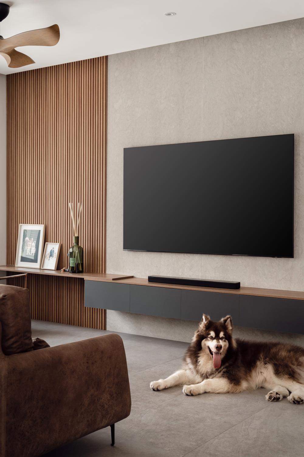 Vintage Living Room with Homogeneous Tiles and TV Console