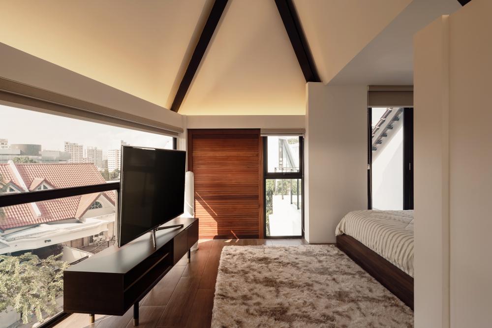 Vintage Bedroom with TV Console and Feature Wall