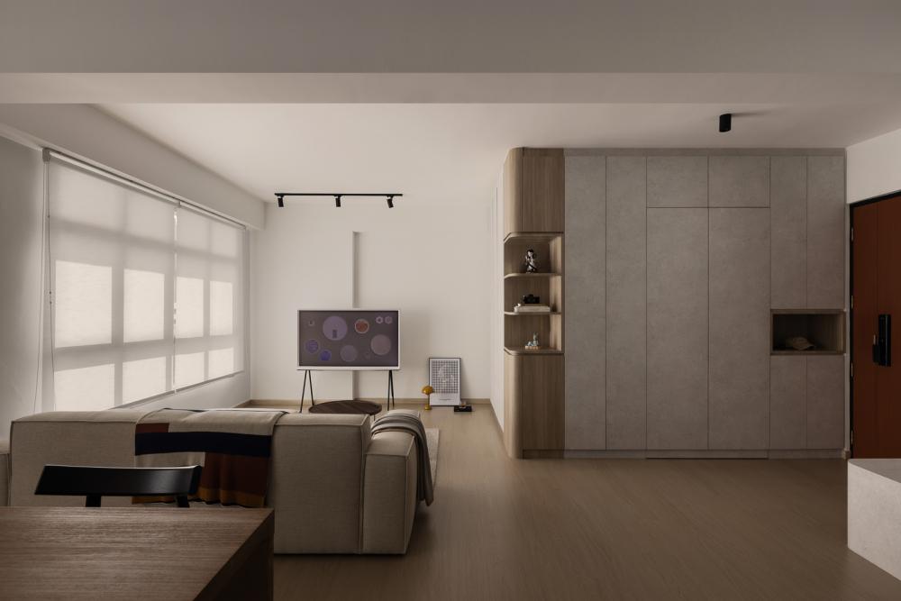Minimalist Living Room with Bookshelf and Vinyl Flooring