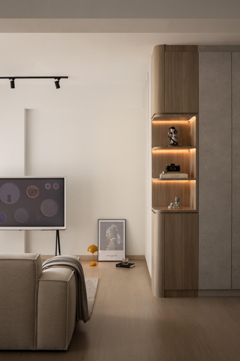 Minimalist Living Room with Bookshelf and Vinyl Flooring