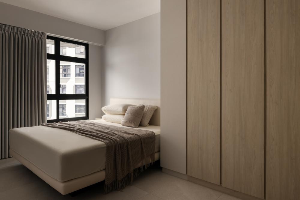 Minimalist Bedroom with Homogeneous Tiles and Wardrobe