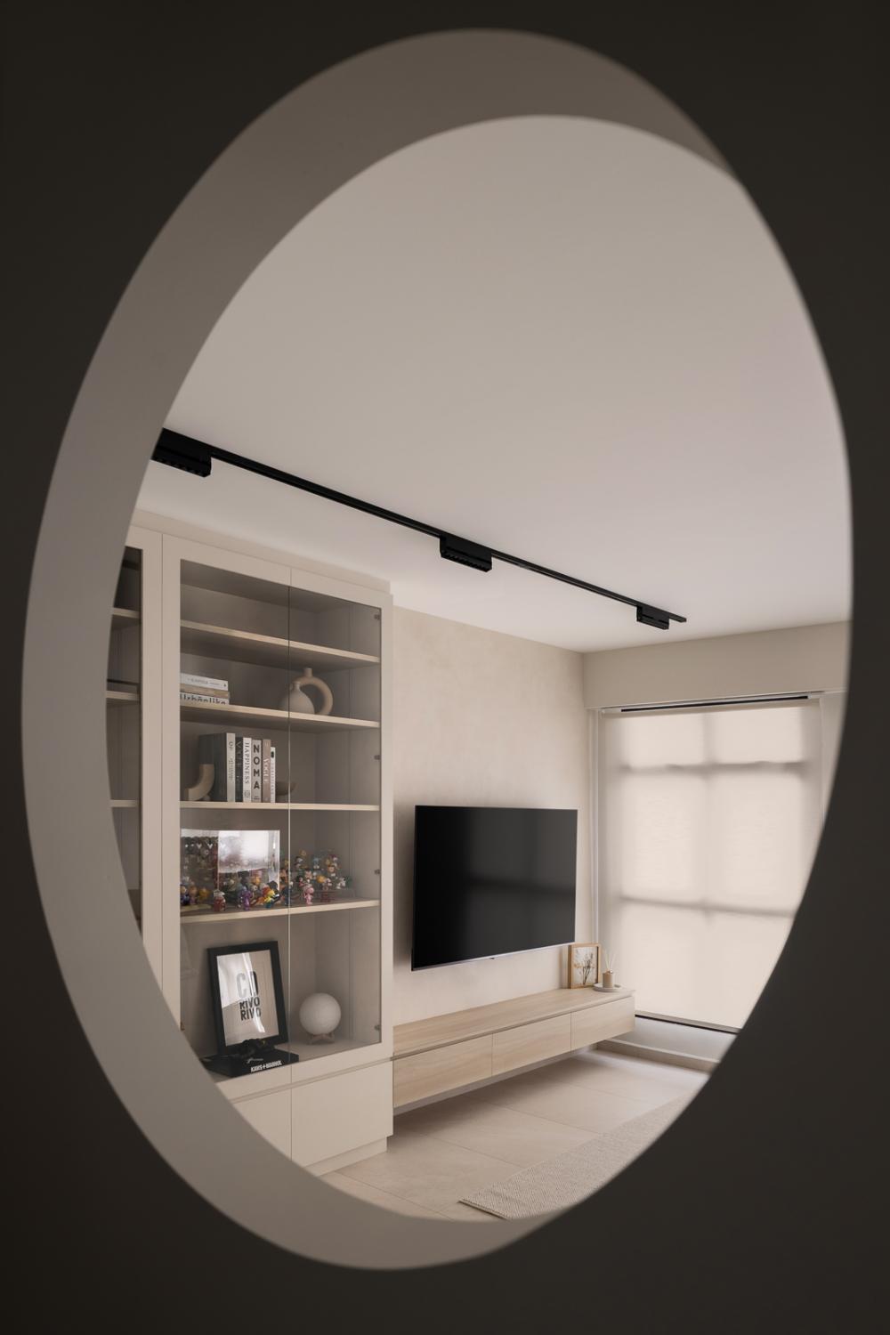 Minimalist Living Room with Homogeneous Tiles and TV Console