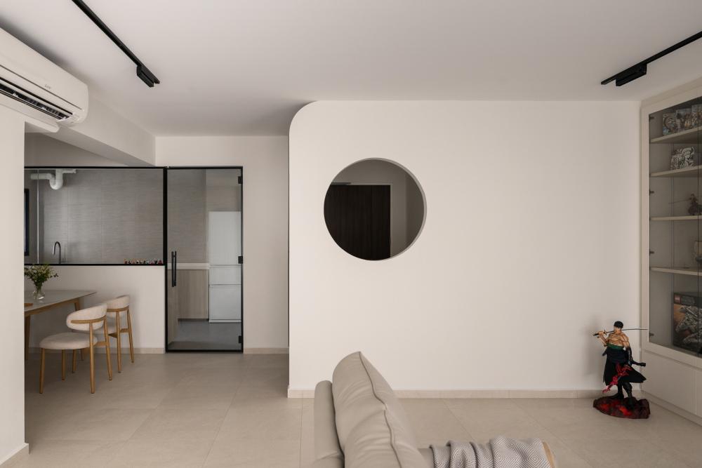 Minimalist Living Room with Homogeneous Tiles and Glass Door