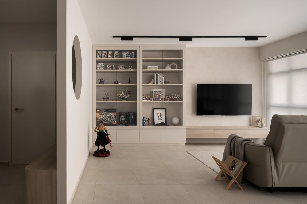 Minimalist Living Room with Homogeneous Tiles and TV Console
