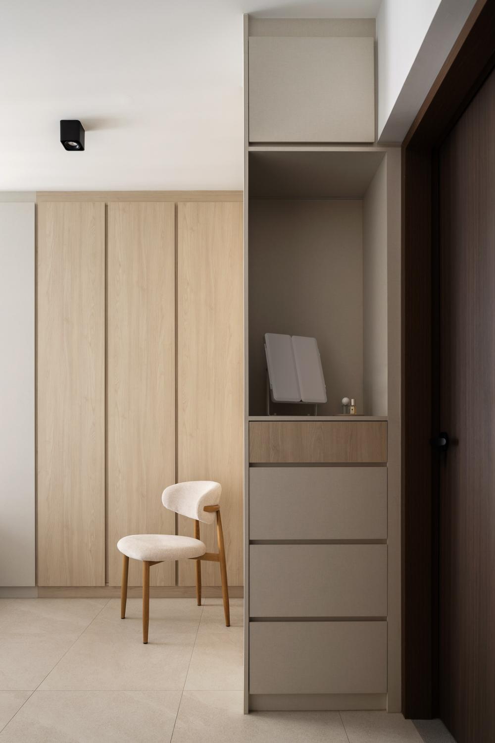 Minimalist Bedroom with Homogeneous Tiles and Wardrobe