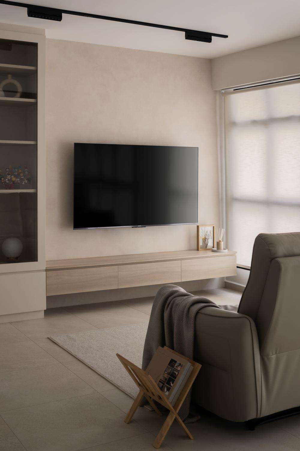 Minimalist Living Room with Homogeneous Tiles and TV Console