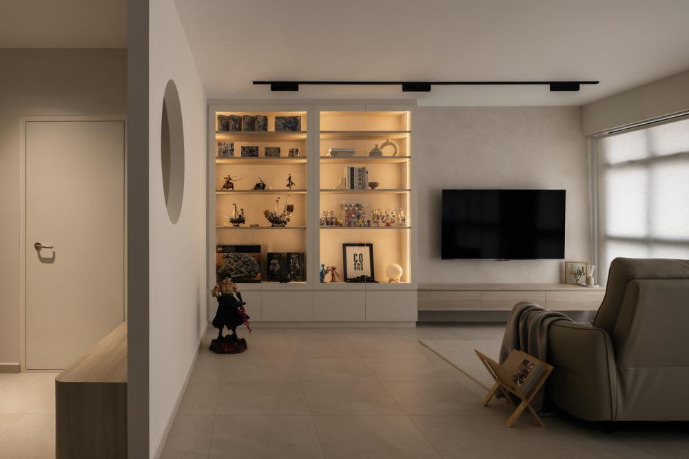 Minimalist Living Room with Homogeneous Tiles and TV Console