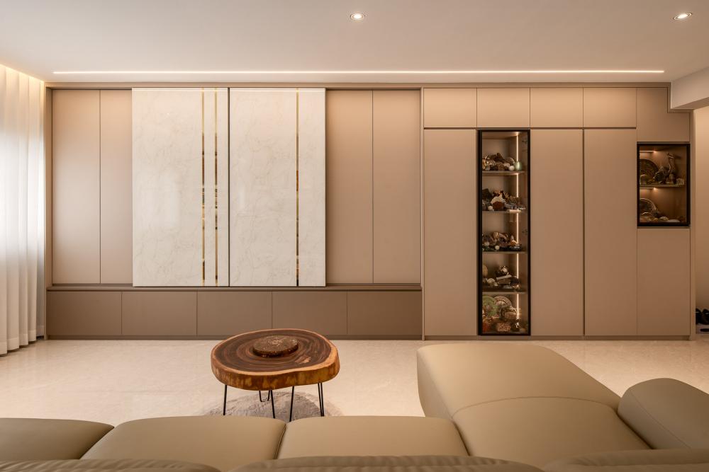 Modern Living Room with Homogeneous Tiles and TV Console