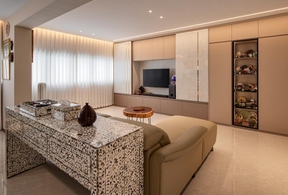 Modern Living Room with Homogeneous Tiles and TV Console