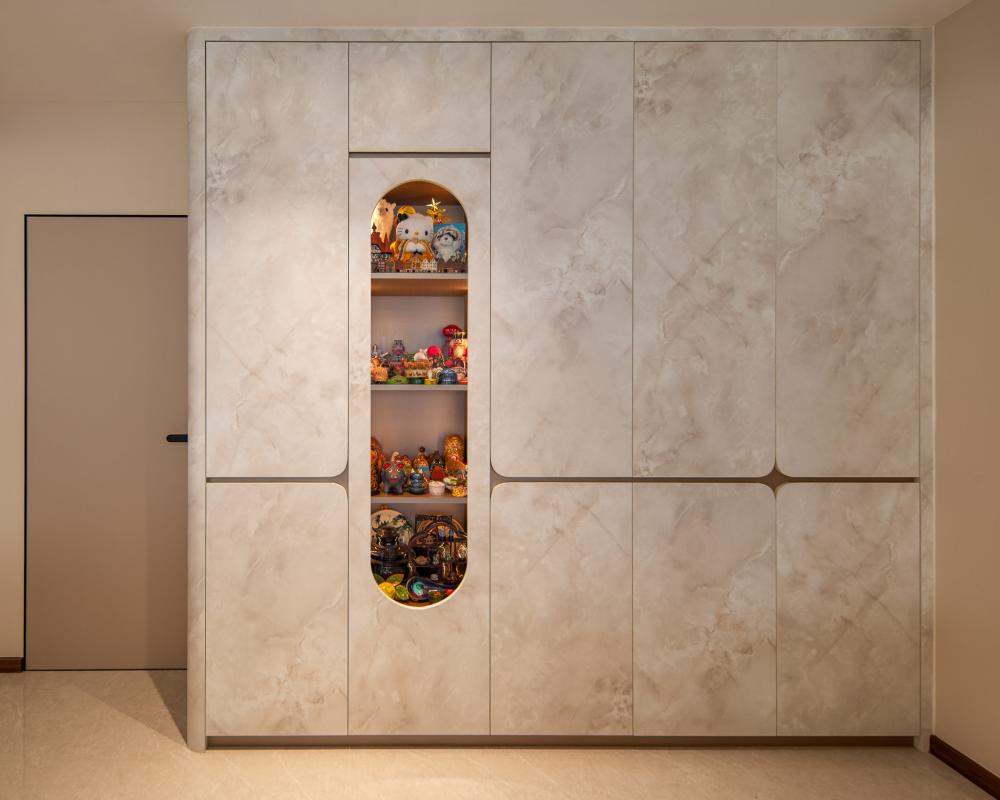Modern Hallway with Bookshelf and Artwork