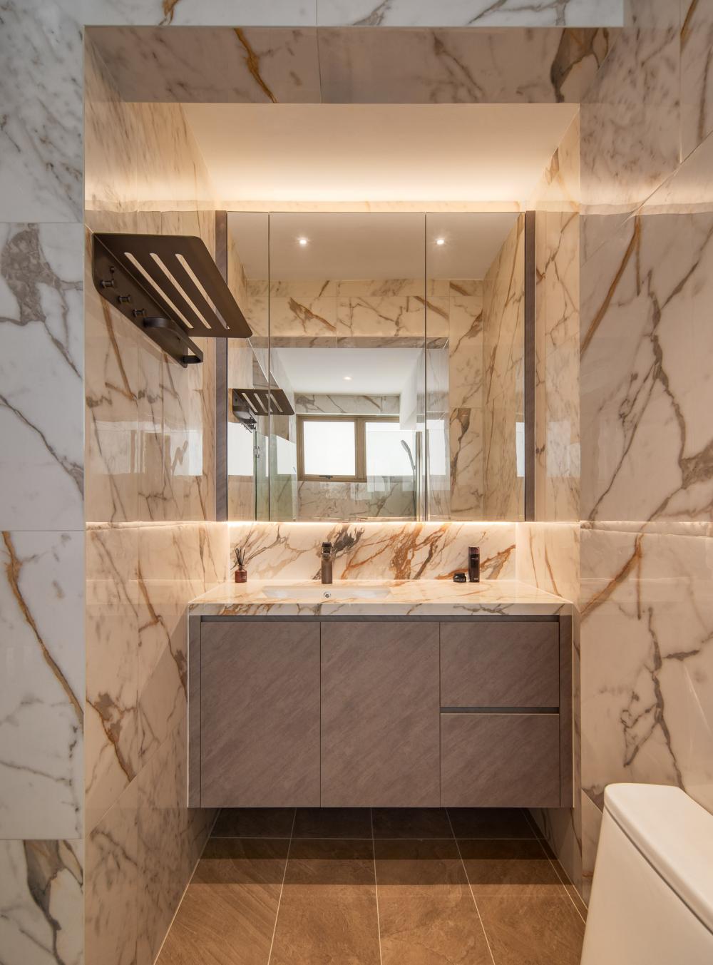 Modern Bathroom with Countertop and Herringbone Tiling