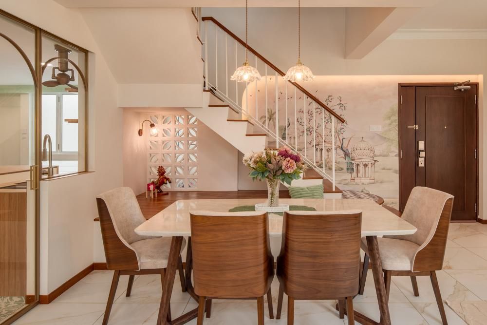 Eclectic Dining Room with Drop Light and Dining Table