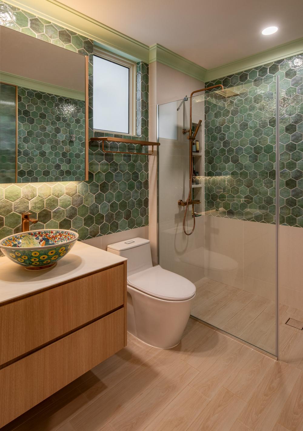 Eclectic Bathroom with Homogeneous Tiles and Mirror