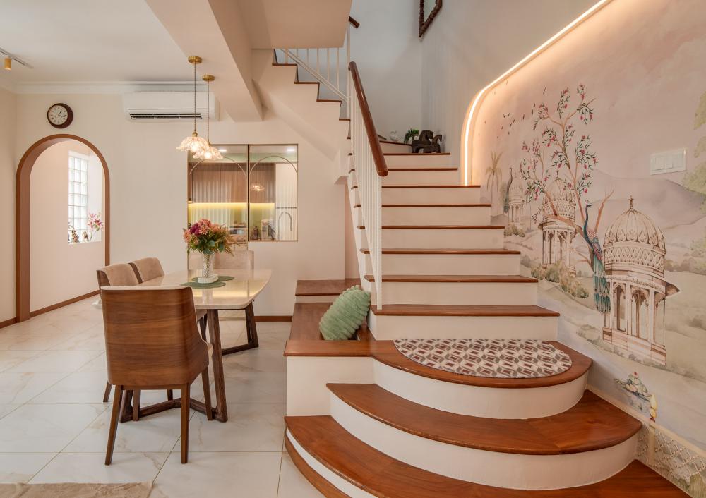 Eclectic Entryway with Seating Bench and Doors