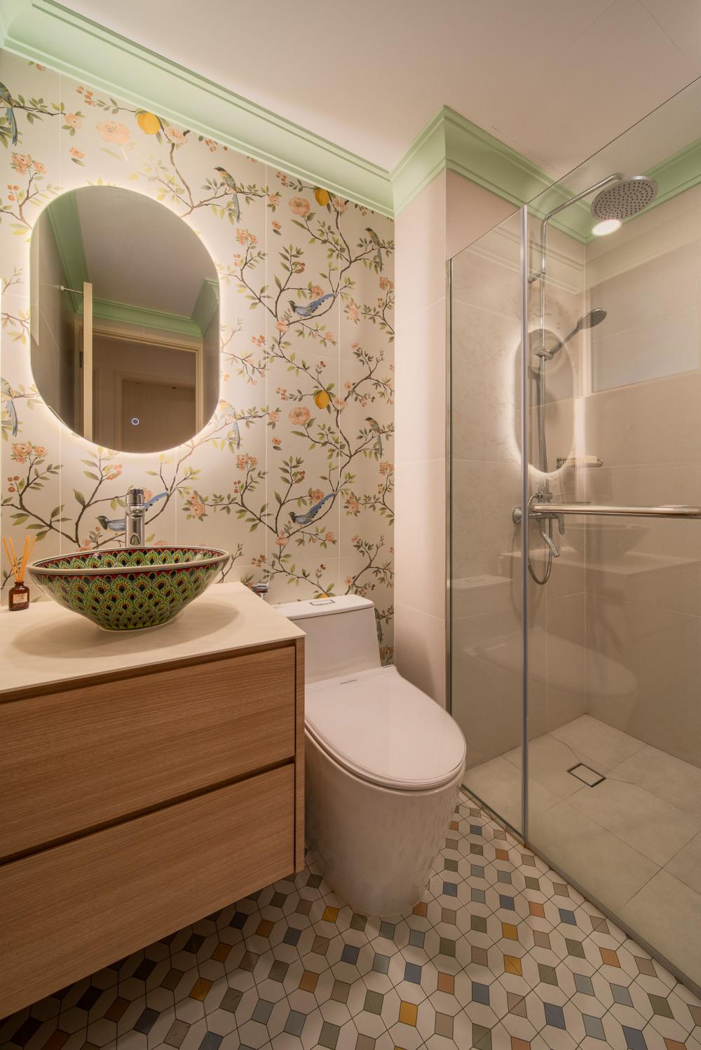 Eclectic Bathroom with Countertop and Shower Screen