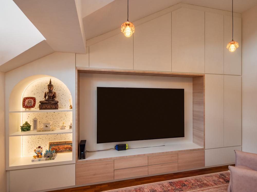 Eclectic Living Room with TV Console and Feature Wall