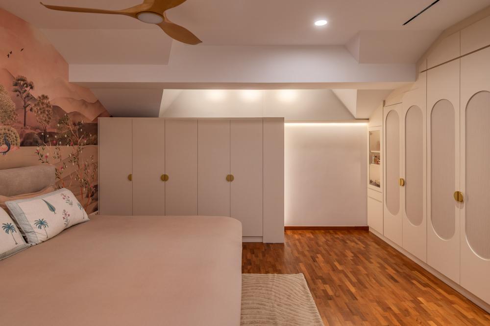 Eclectic Bedroom with Parquet Floor and Wardrobe