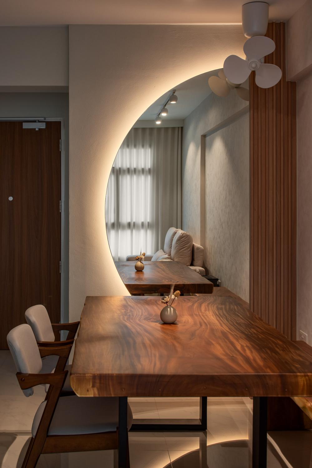 Minimalist Dining Room with Mirror and Cove Lighting
