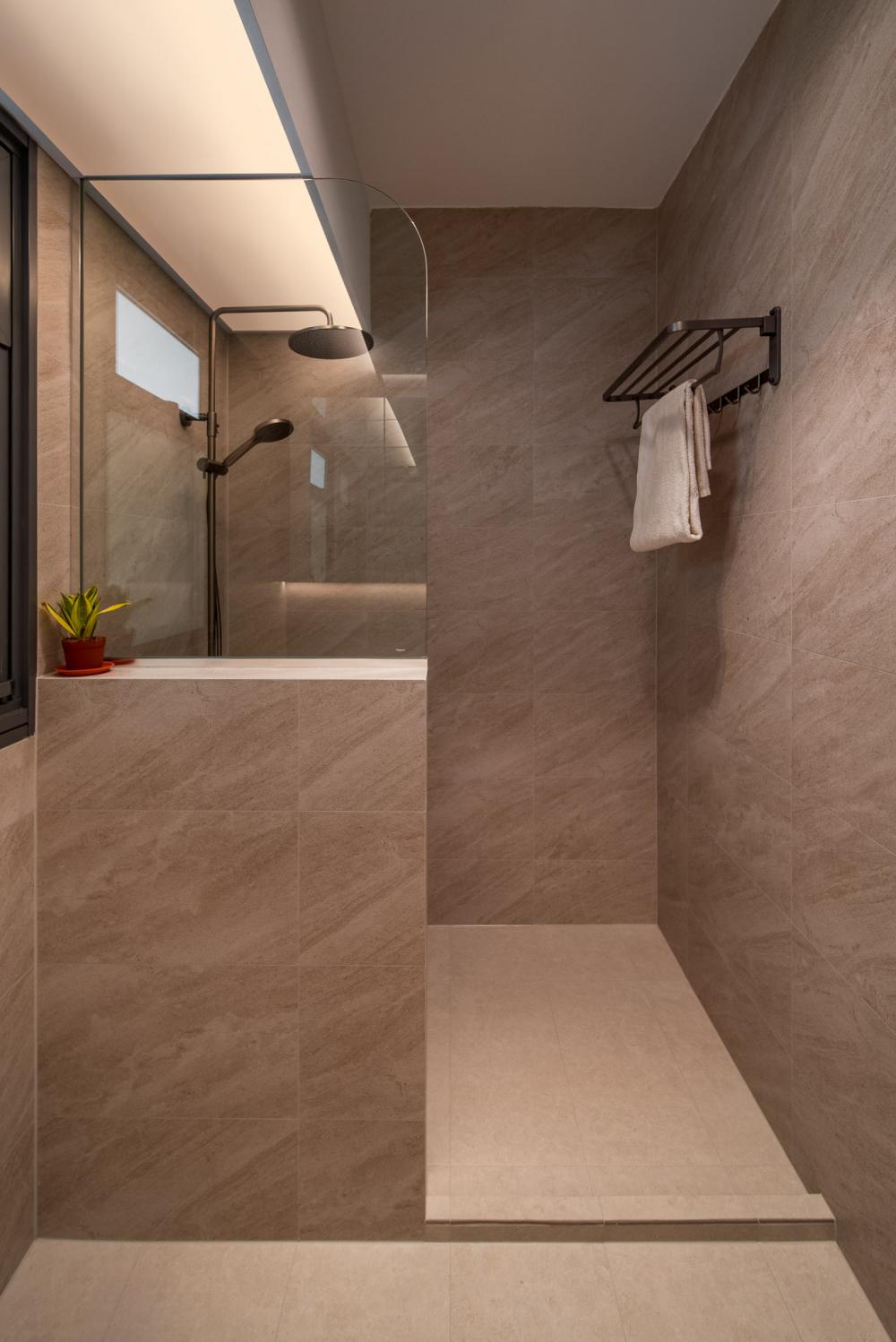 Minimalist Bathroom with Homogeneous Tiles and Shower Screen