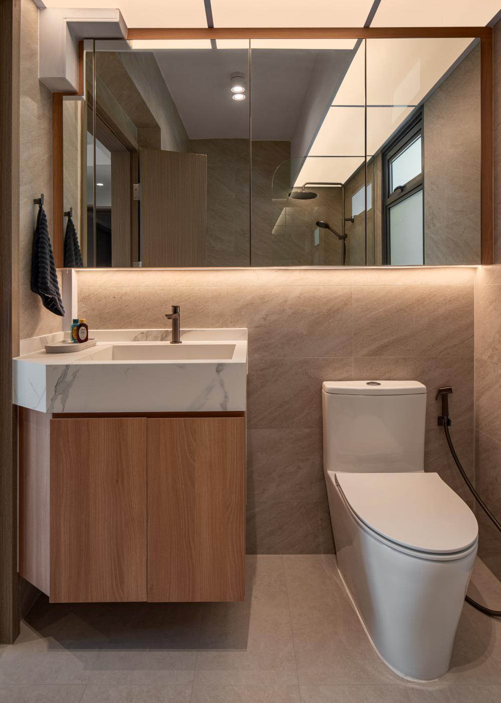 Minimalist Bathroom with Countertop and Homogeneous Tiles