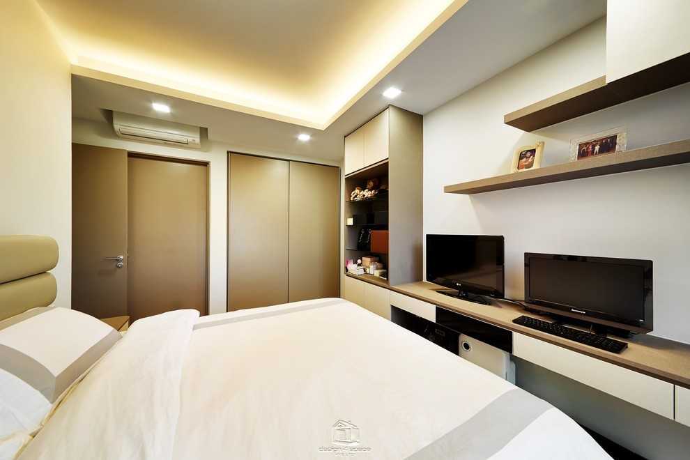 Contemporary Bedroom with Wood Flooring and Bay Window