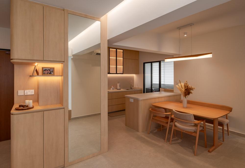 Scandinavian Dining Room with Mirror and Open Kitchen