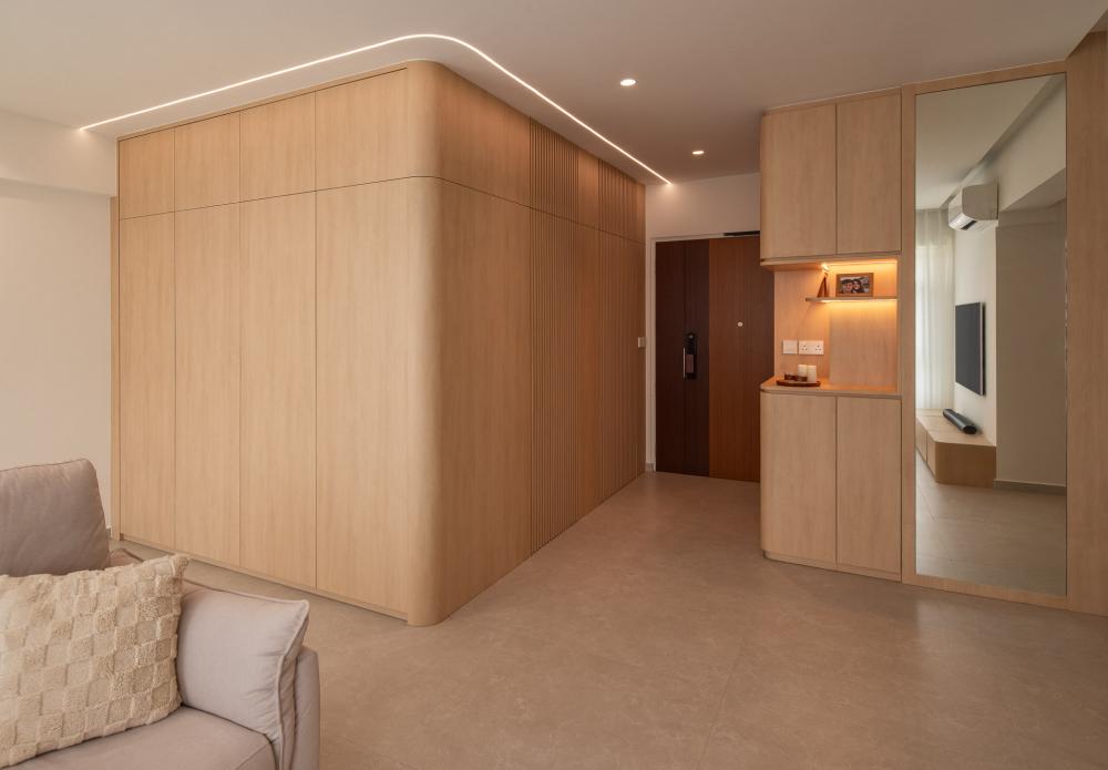 Scandinavian Foyer with Feature Wall and Storage Cabinets