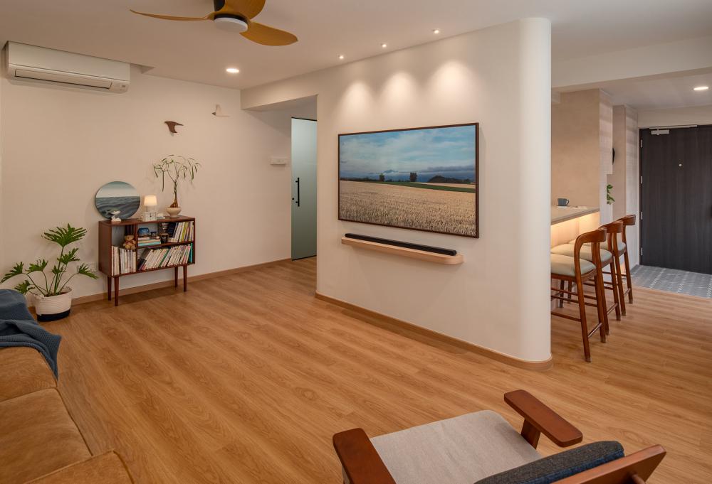 Minimalist Living Room with Countertop and Vinyl Flooring