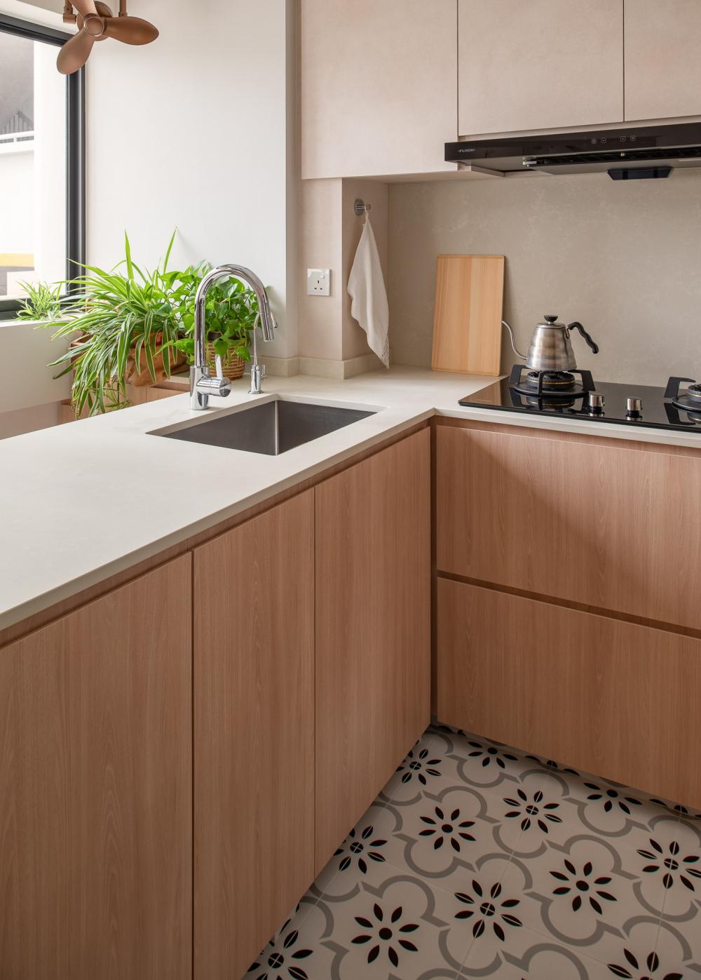 Minimalist Kitchen with Countertop and Homogeneous Tiles