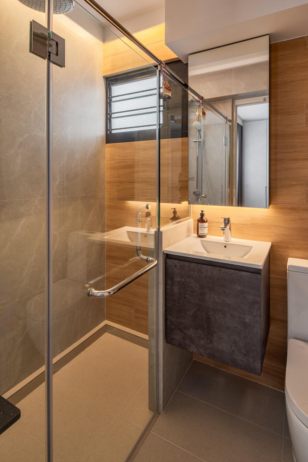 Minimalist Bathroom with Countertop and Homogeneous Tiles
