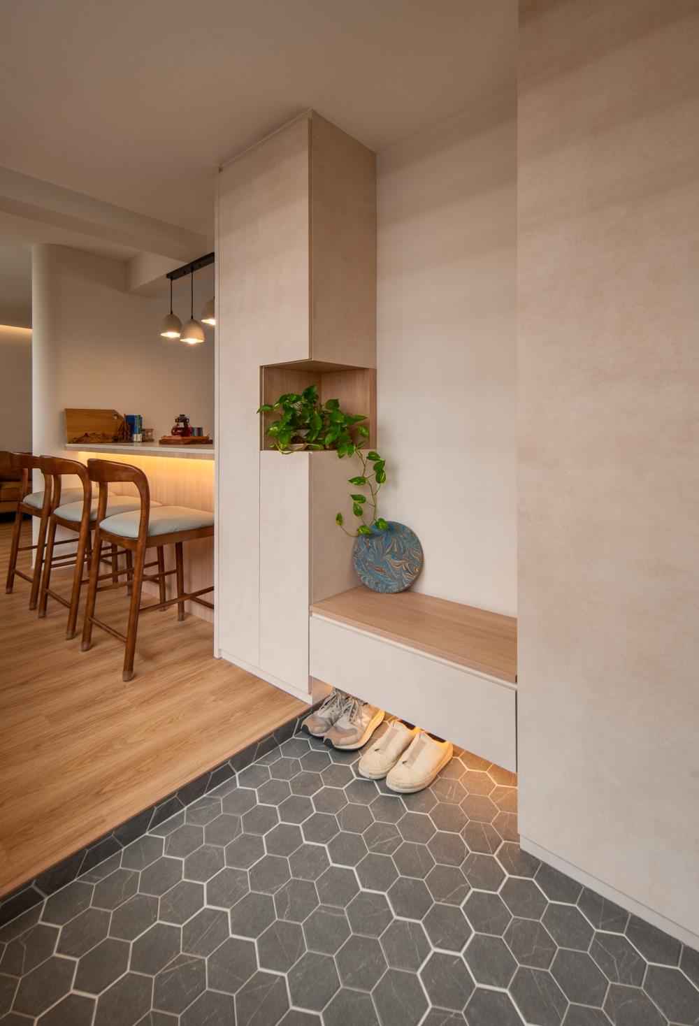 Minimalist Foyer with Settee and Artwork