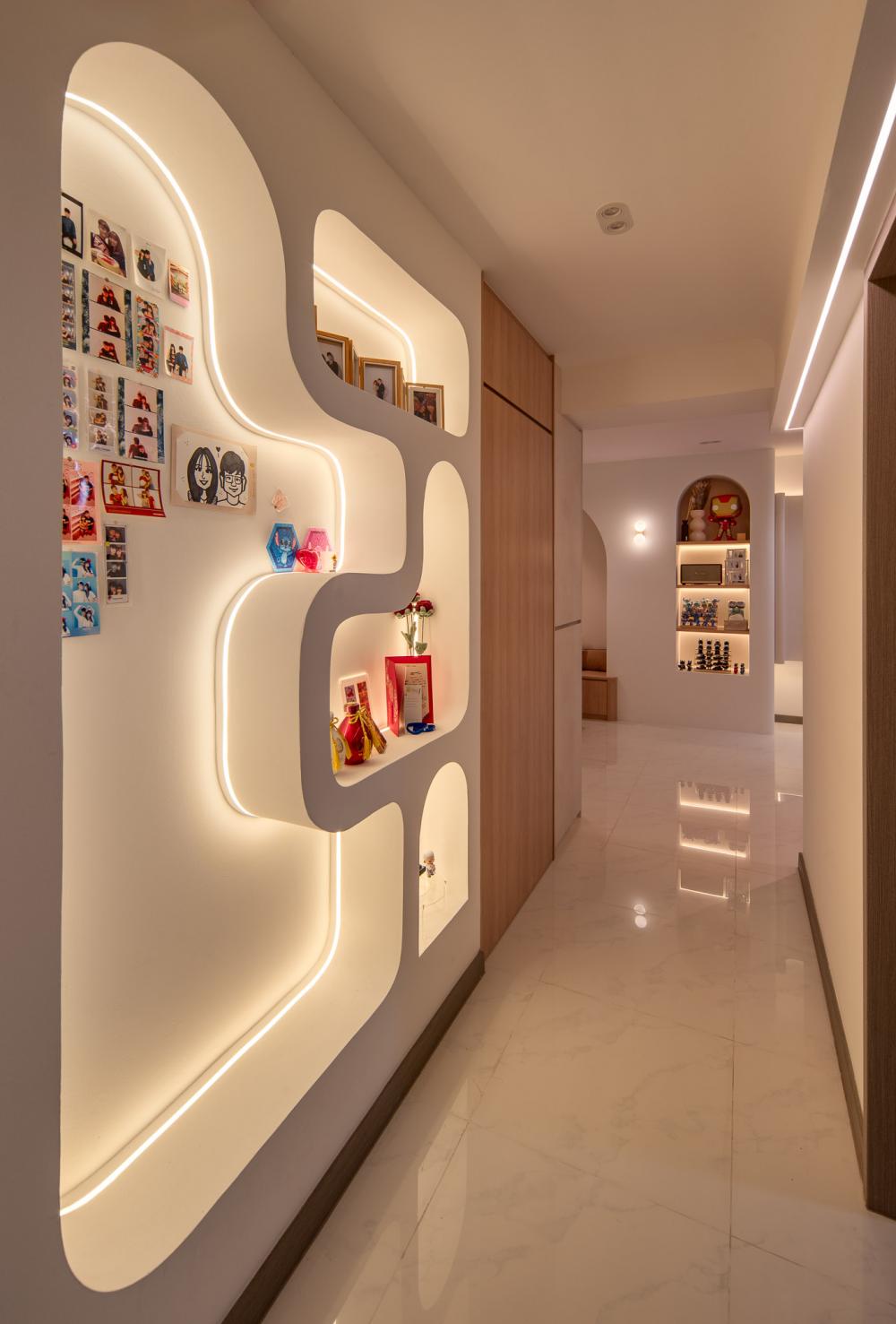 Minimalist Hallway with Bookshelf and Artwork
