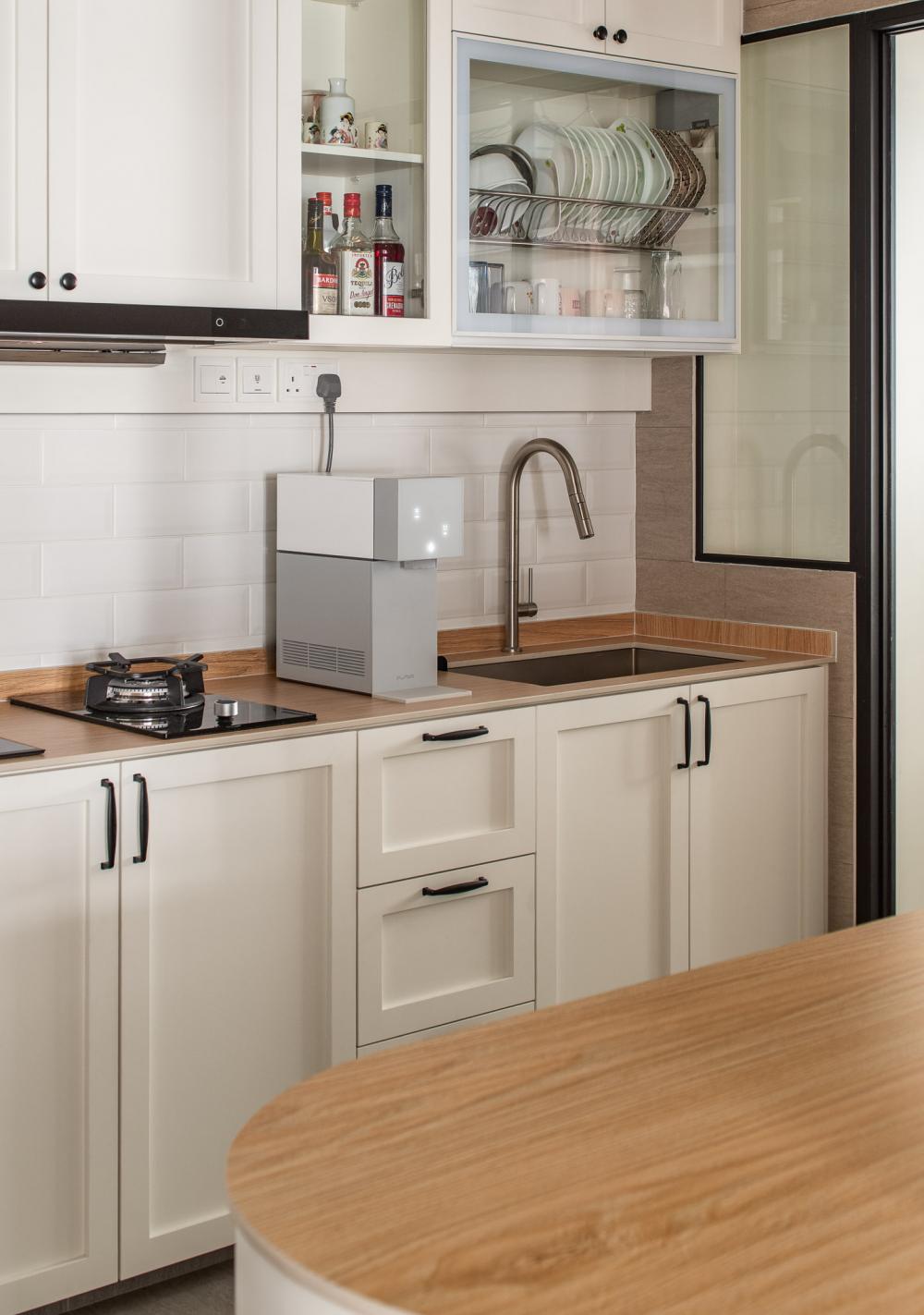 Contemporary Kitchen with Countertop and Herringbone Tiling