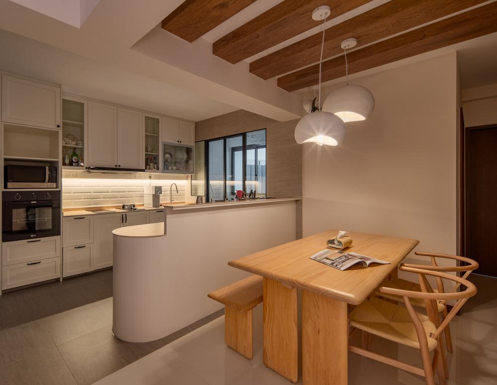 Contemporary Dining Room with Drop Light and Open Kitchen