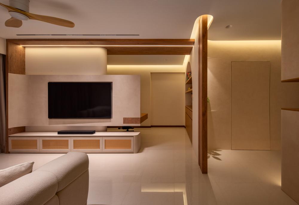 Contemporary Living Room with TV Console and Feature Wall