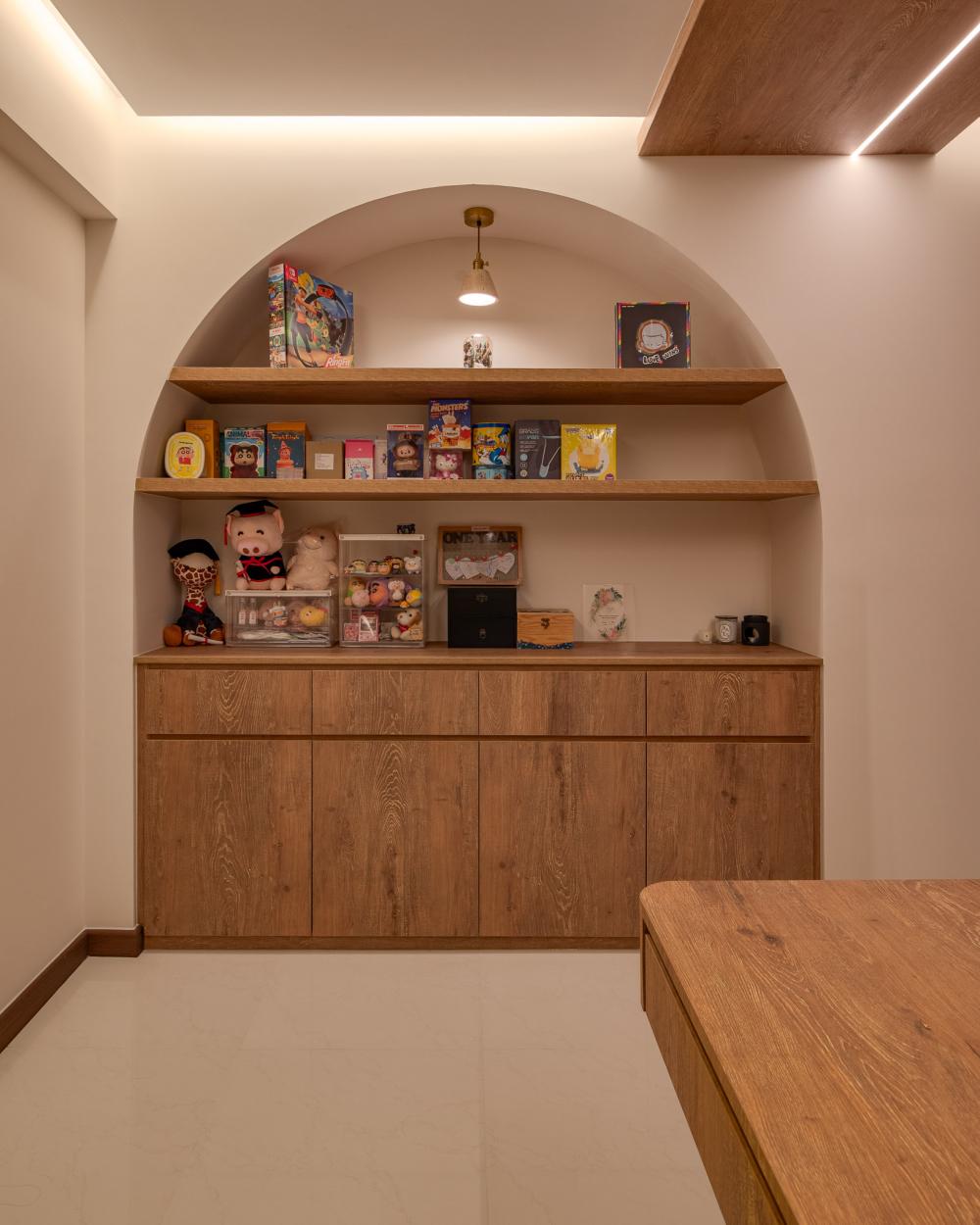 Contemporary Hallway with Bookshelf and Artwork