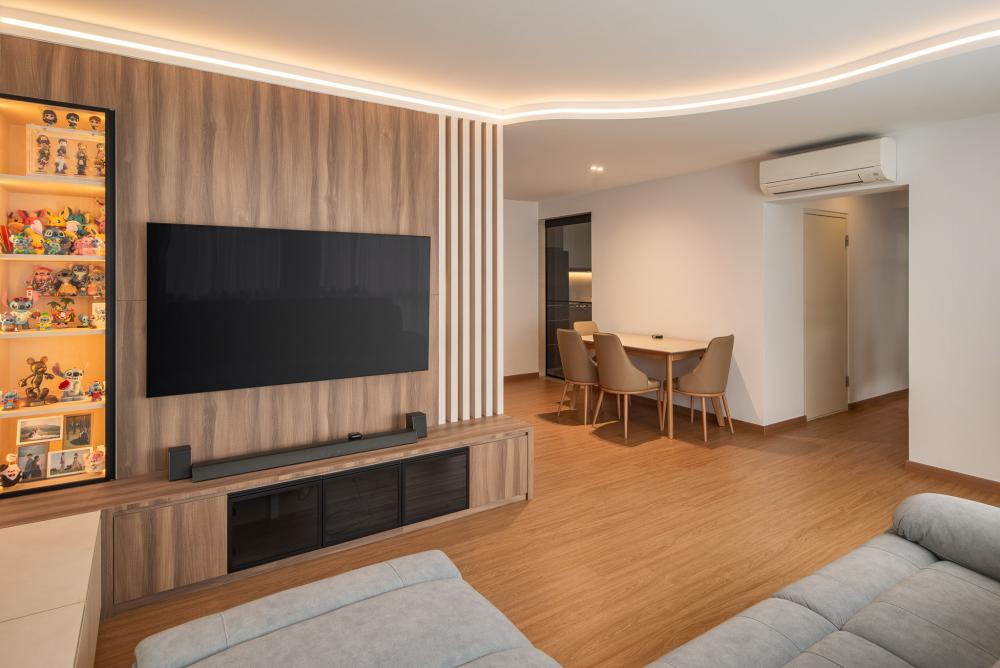 Contemporary Living Room with TV Console and Feature Wall