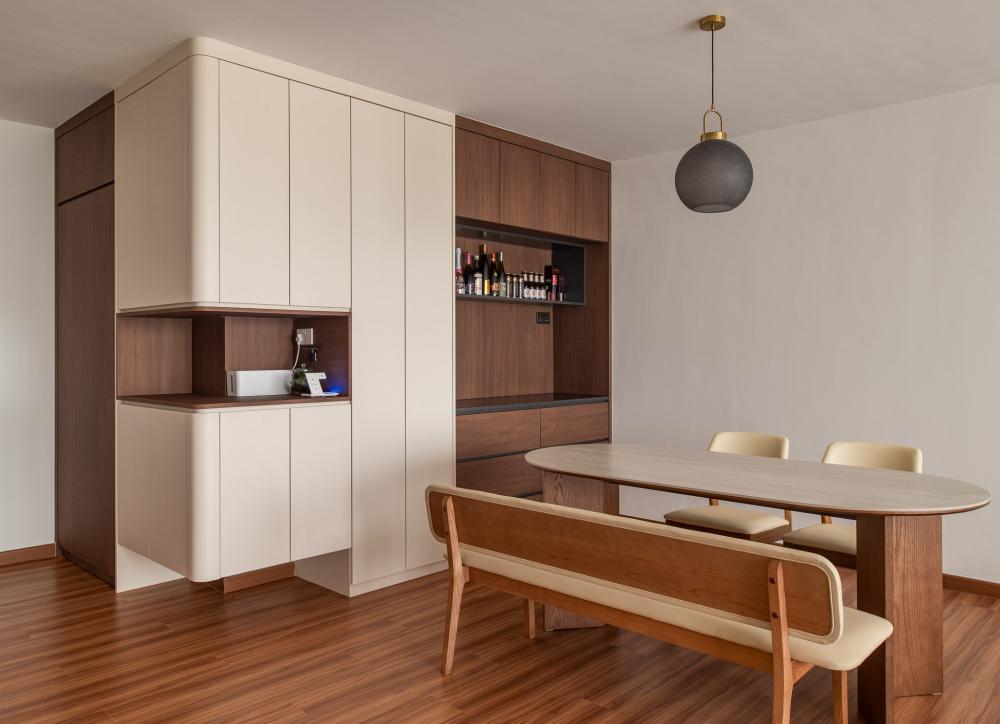 Scandinavian Foyer with Artwork and Dining Table