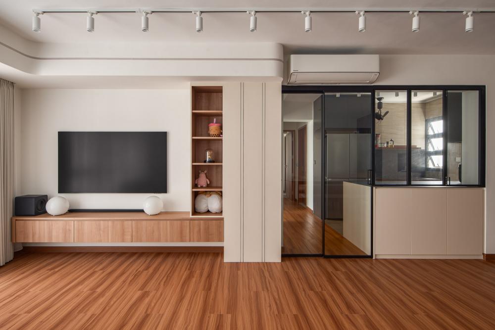 Scandinavian Living Room with Vinyl Flooring and TV Console