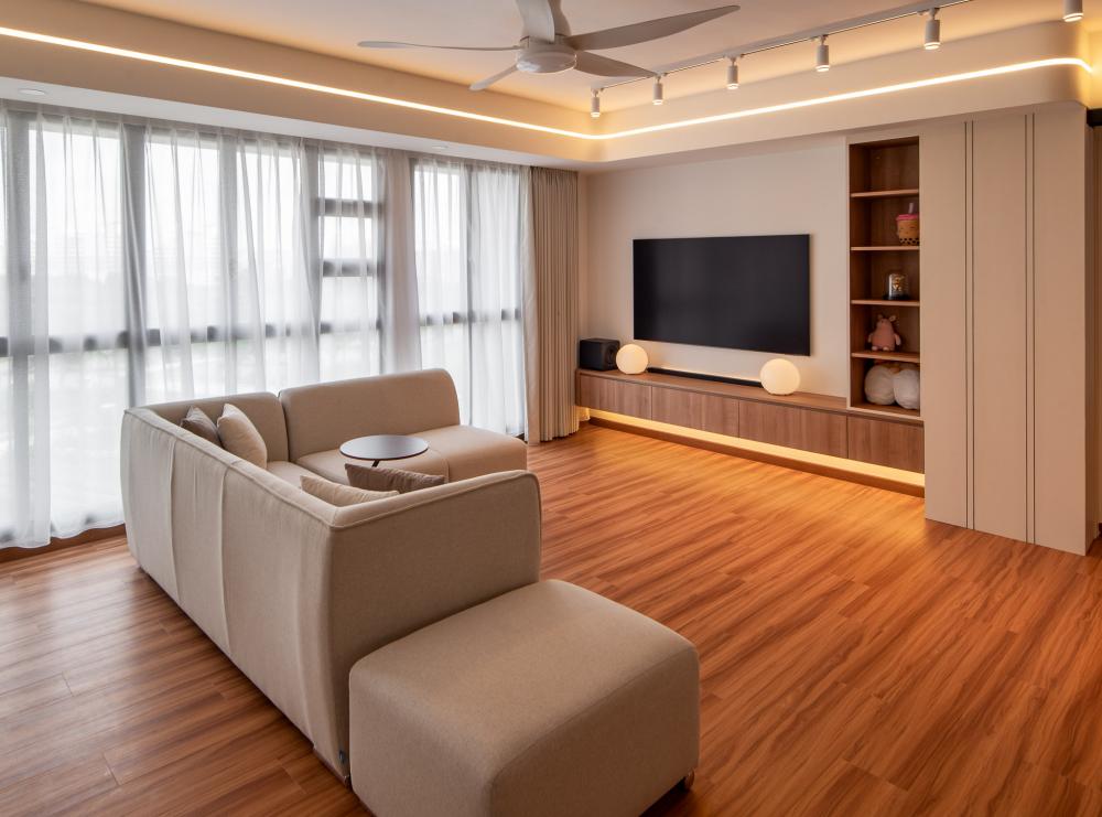 Scandinavian Living Room with Vinyl Flooring and TV Console