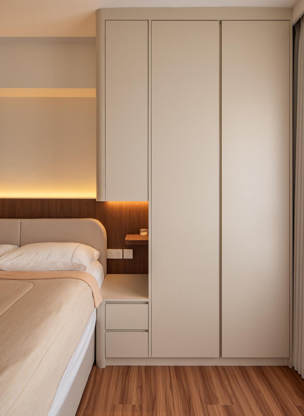 Scandinavian Bedroom with Vinyl Flooring and Cove Lighting