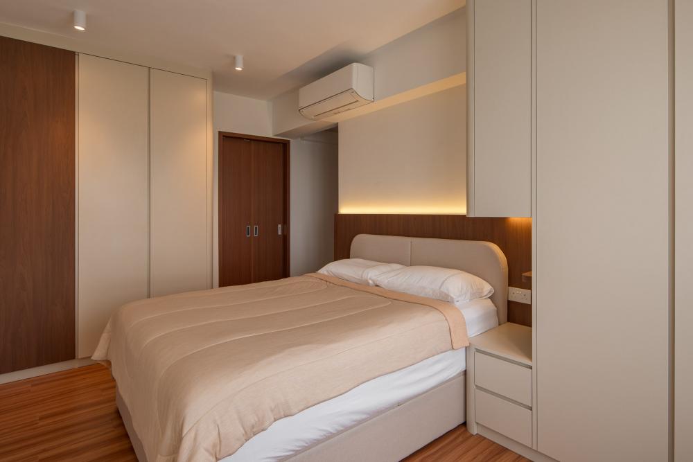 Scandinavian Bedroom with Vinyl Flooring and Cove Lighting