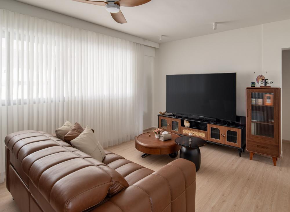 Country Living Room with Vinyl Flooring and Feature Wall