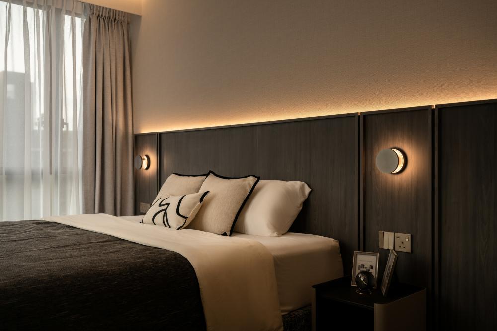 Modern Bedroom with Cove Lighting and Built-in Bed