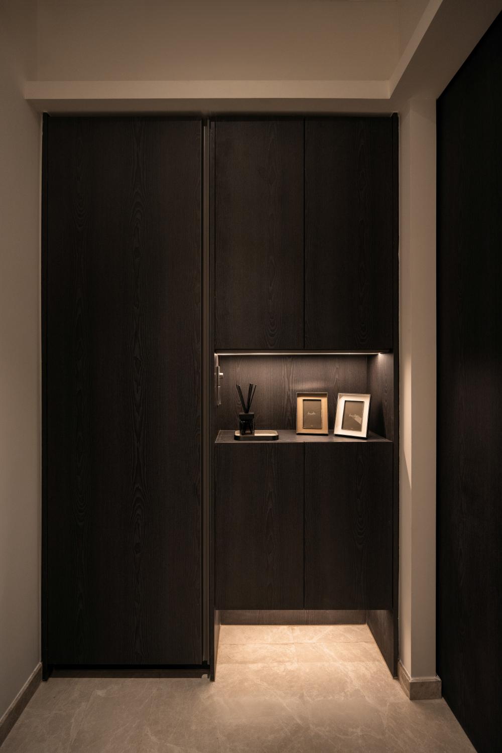 Modern Entryway with Marble Floor and Storage Cabinets