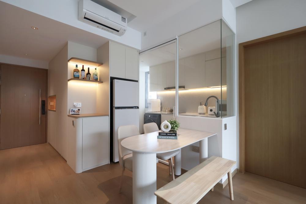 Minimalist Dining Room with Vinyl Flooring and Ceiling Light