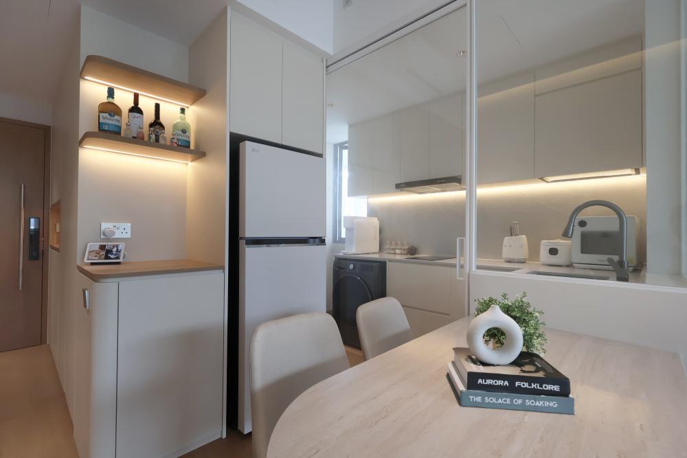 Minimalist Dining Room with Ceiling Light and Dining Table