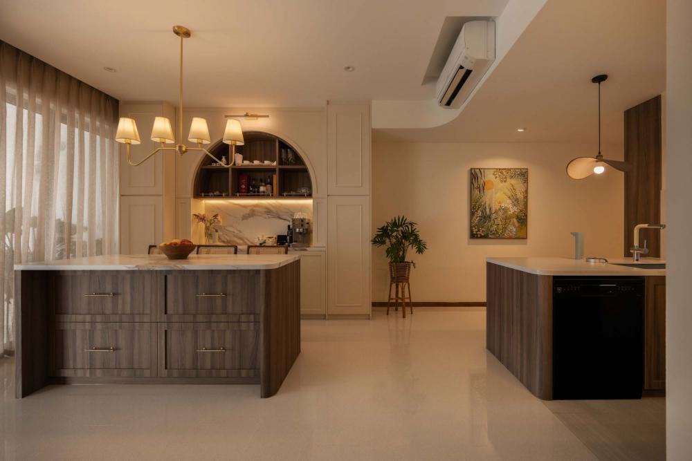 Contemporary Living Room with Feature Wall and Drop Light