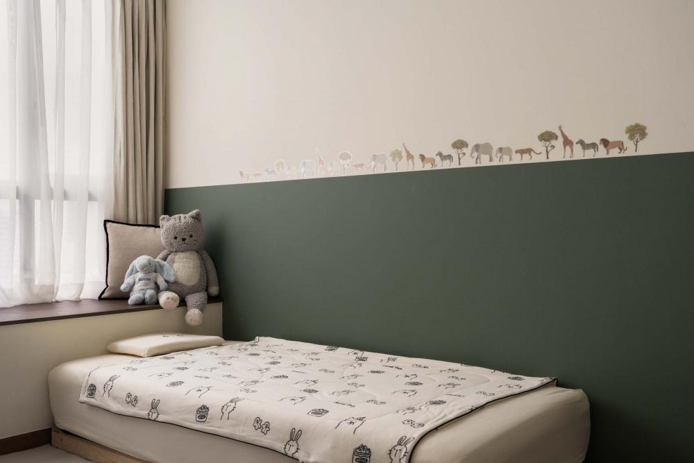 Contemporary Bedroom with Feature Wall and Bay Window