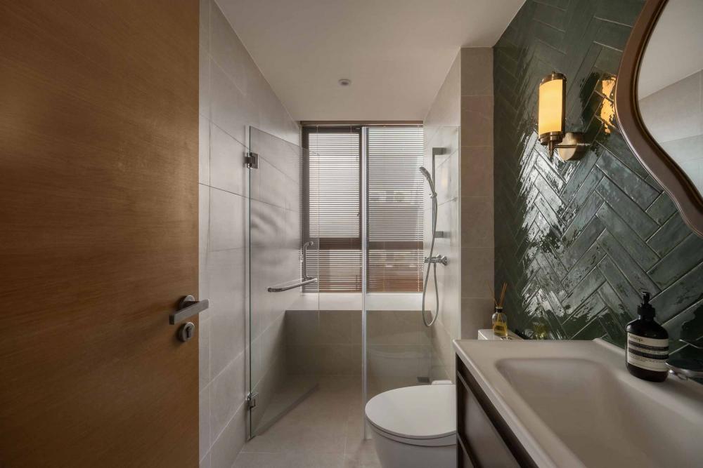 Contemporary Bathroom with Herringbone Tiling and Shower Screen
